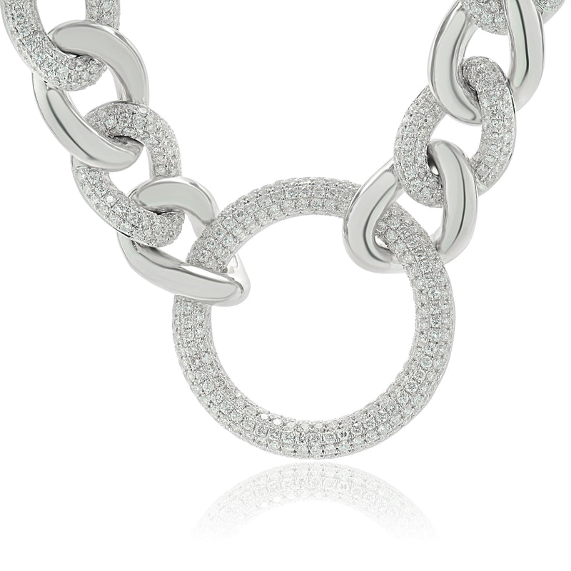 18 Karat White Gold Pave Diamond Cuban Link Necklace with Open Circle Centerpiece