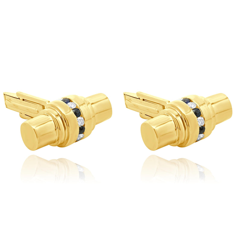 14 Karat Yellow Gold Diamond and Sapphire Barrel Cufflinks