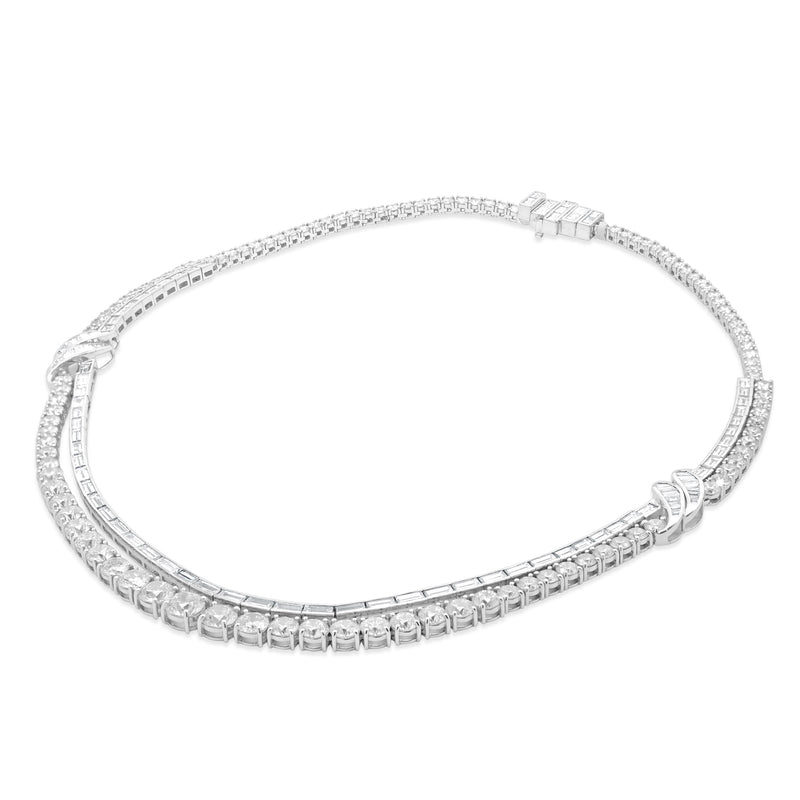 18 Karat White Gold Ornate Round and Emerald Cut Double Row Diamond Necklace