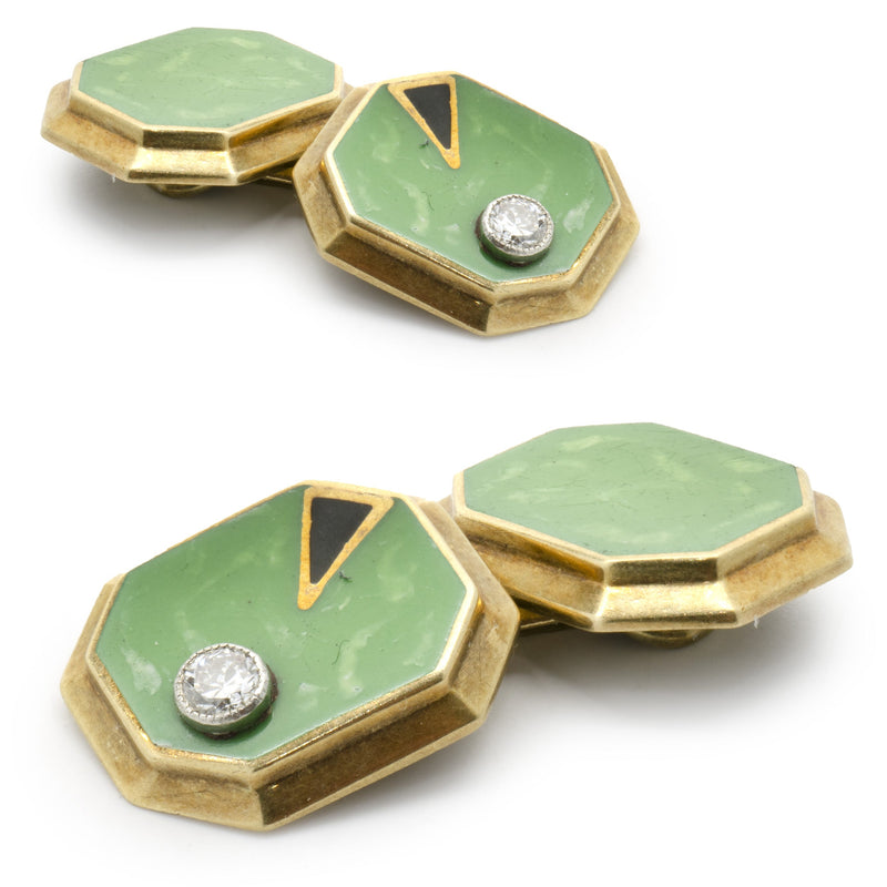 William Huger & Co. 14 Karat Yellow Gold Vintage Diamond and Enamel Cufflinks