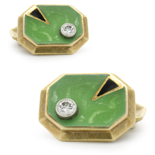 William Huger & Co. 14 Karat Yellow Gold Vintage Diamond and Enamel Cufflinks