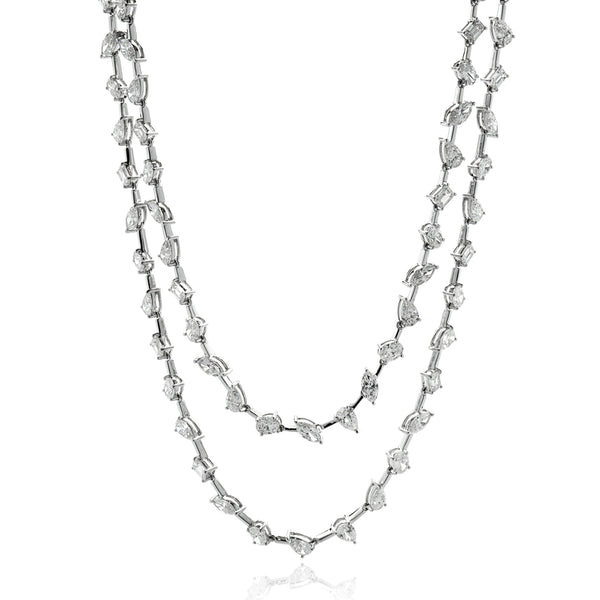 14k White Gold Double Row Multi-Shaped Diamond Necklace