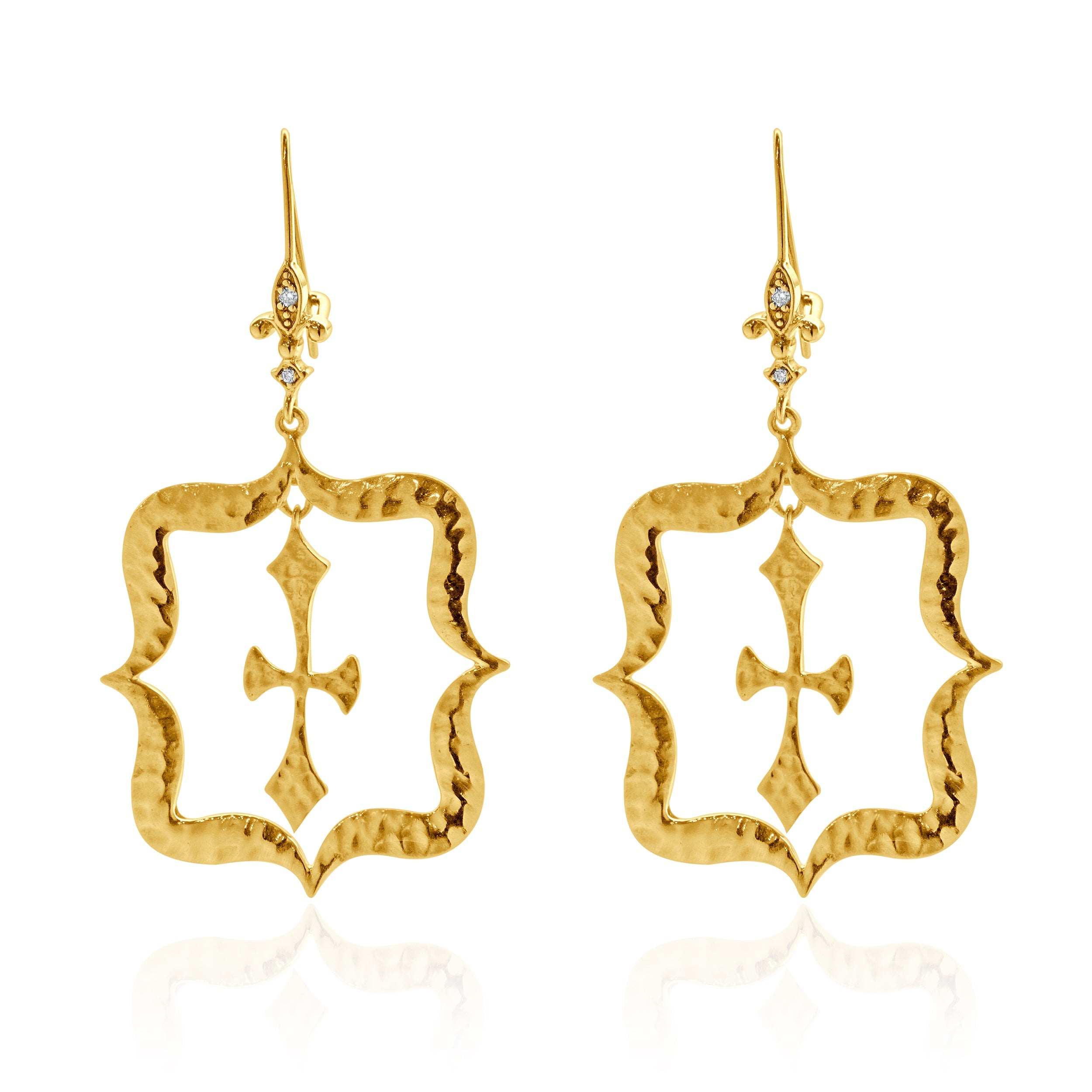 14 Karat Yellow Gold Hammered Fleur de Lis Cross Drop Earrings – E.D ...
