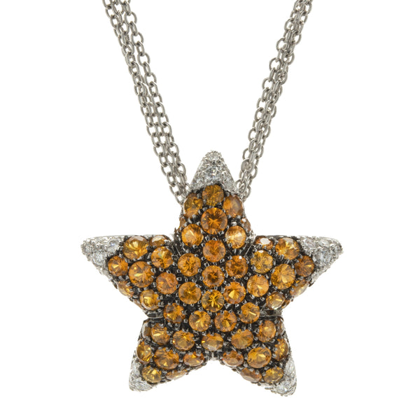Salavetti 18 Karat White Gold Orange Sapphire and Diamond Star Necklace