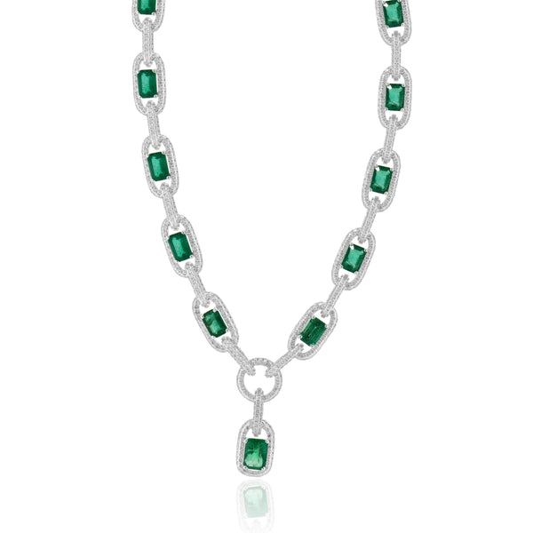 14 Karat White Gold Emerald and Diamond Oval Link Necklace