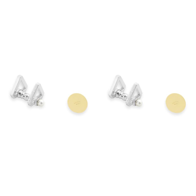 Tiffany & Co. Platinum Triangle Cufflinks and 18k Yellow Gold 5mm Pearl Studs Tuxedo Set