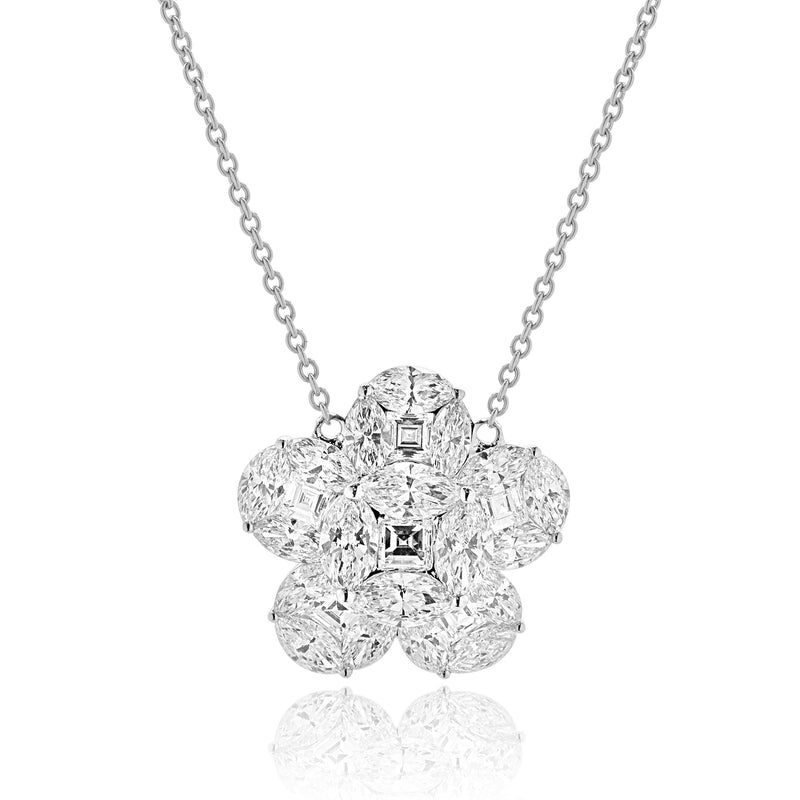 18 Karat White Gold Mosaic Set Diamond Flower Necklace