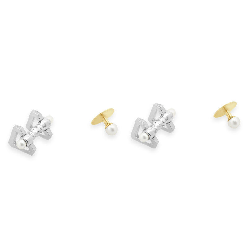 Tiffany & Co. Platinum Triangle Cufflinks and 18k Yellow Gold 5mm Pearl Studs Tuxedo Set