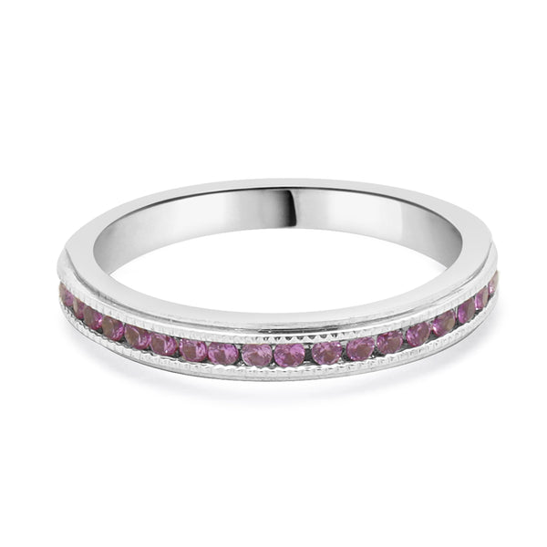 10 Karat White Gold Pink Sapphire Milgrain Band