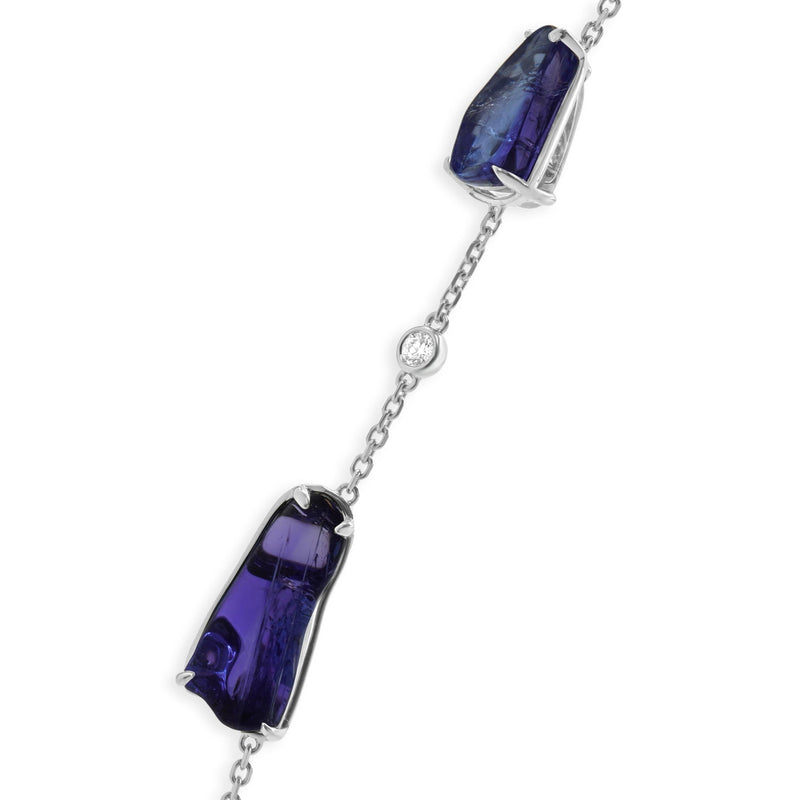 18 Karat White Gold Tumbled Tanzanite and Diamond Station Necklace