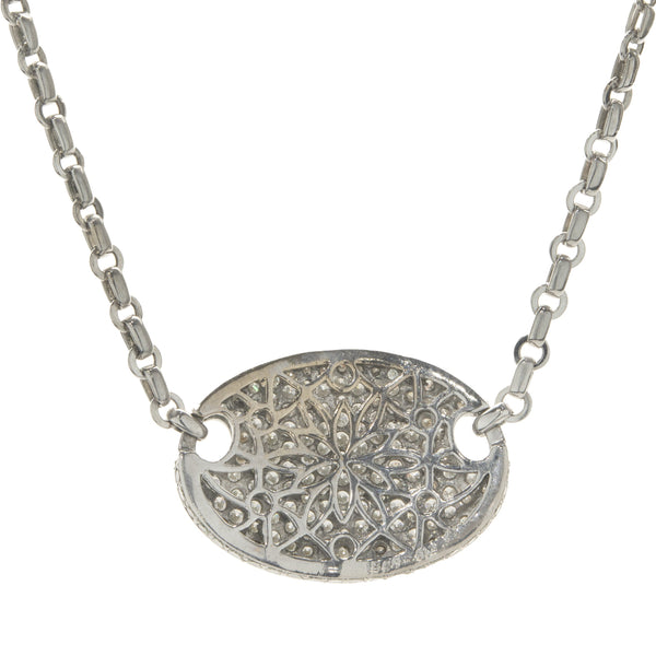18 Karat White Gold Pave Diamond Oval Disc Necklace