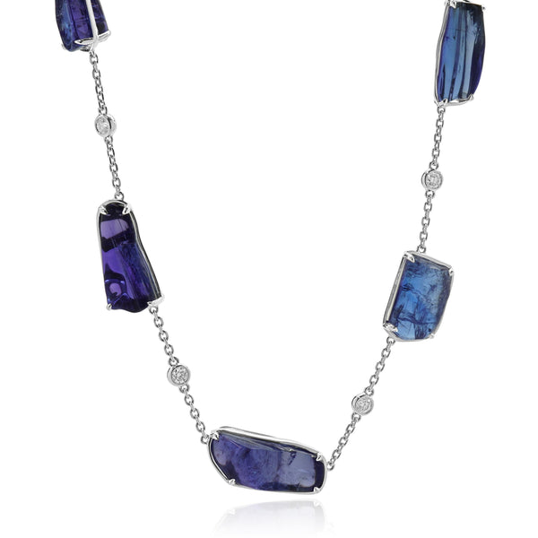 18 Karat White Gold Tumbled Tanzanite and Diamond Station Necklace