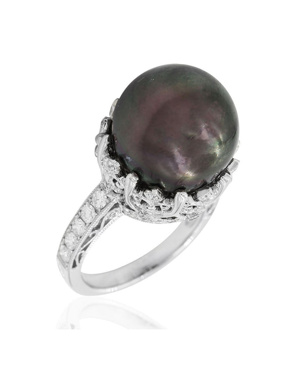 Tahitian Pearl and Pave Diamond Ring in Gold