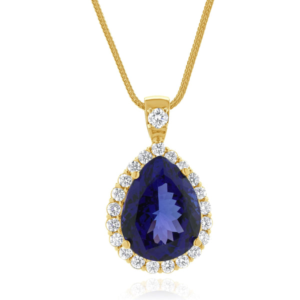 14 Karat Yellow Gold Pear Cut Tanzanite and Diamond Halo Necklace