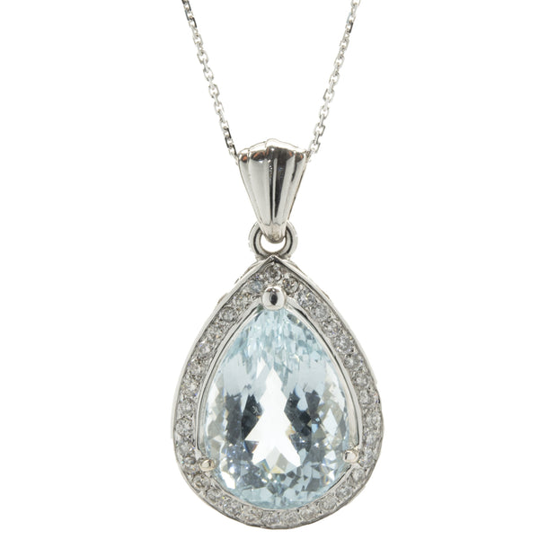14 Karat White Gold Aquamarine and Diamond Pear Necklace