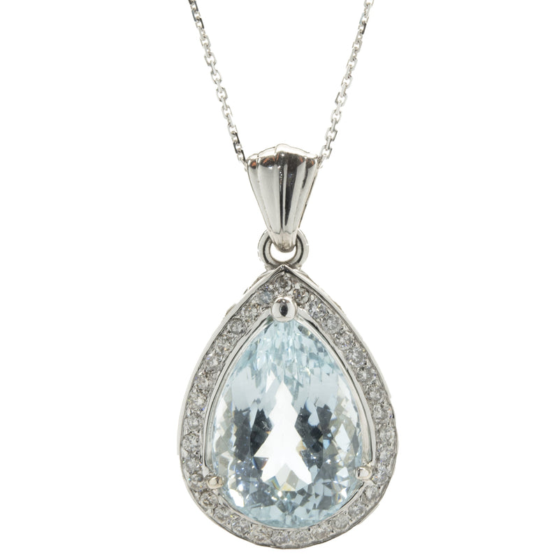14 Karat White Gold Aquamarine and Diamond Pear Necklace