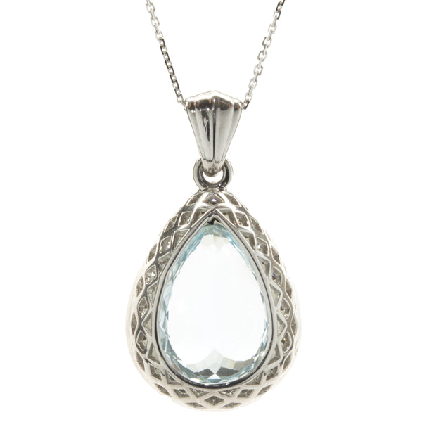 14 Karat White Gold Aquamarine and Diamond Pear Necklace
