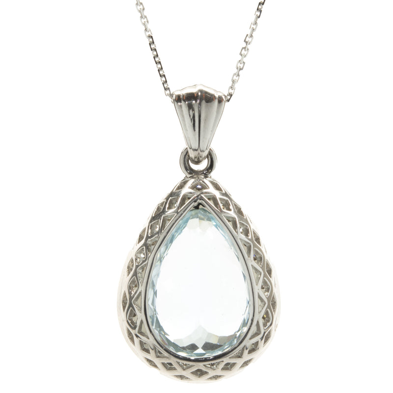14 Karat White Gold Aquamarine and Diamond Pear Necklace